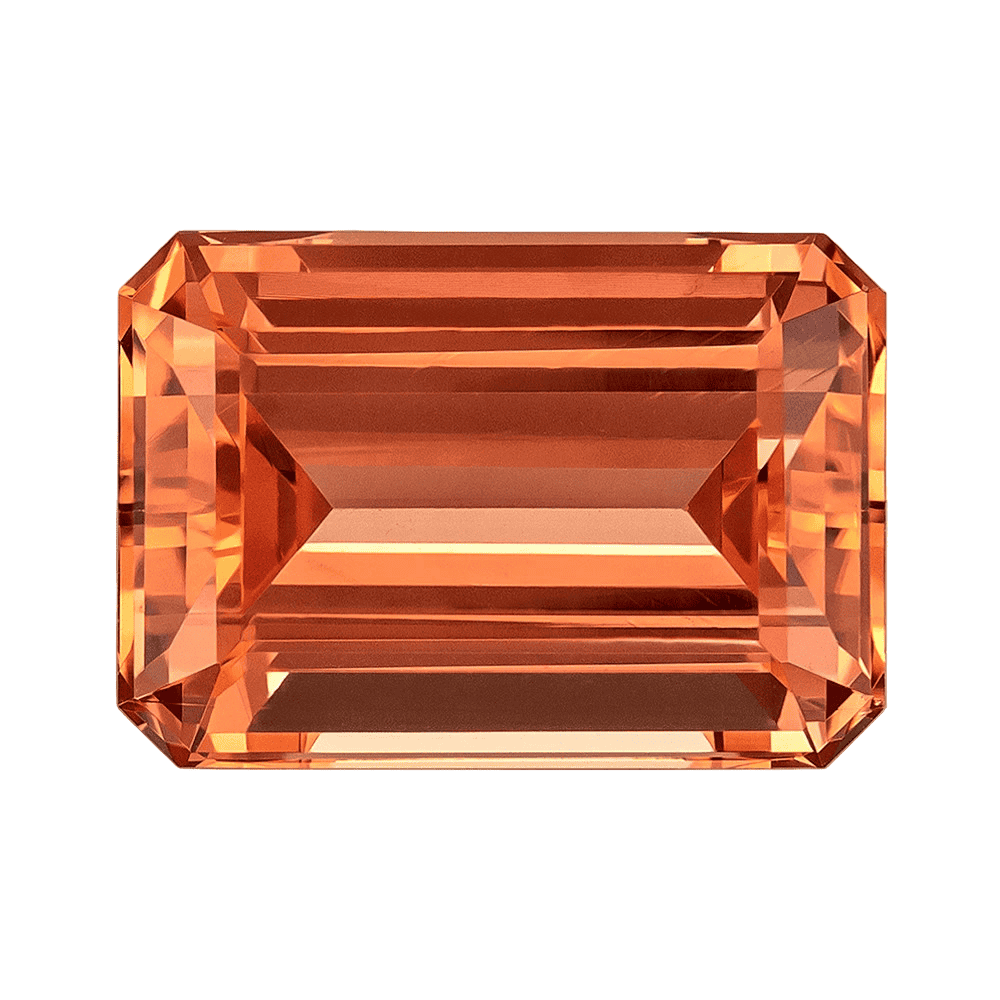 Rectangular orange Imperial Topaz gemstone with faceted cut.