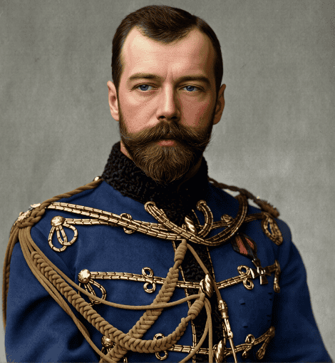 Close-up of a man in a military uniform with ornate gold and blue decorations.