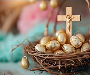 Elegant Imperial Topaz eggs with a gold cross in a nest for religious jewelry.